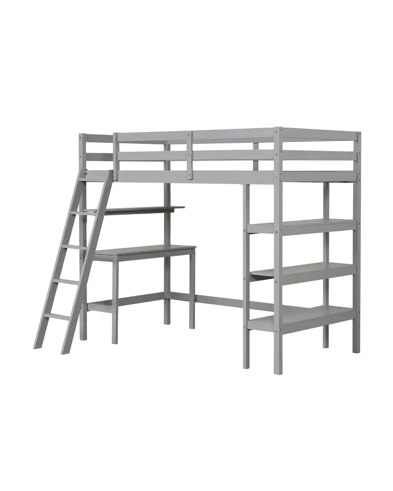 Twin Size Loft Bed with Desk and Bookshelves for Kids and Teens-Gray - Gray - Bunk Bed Frame