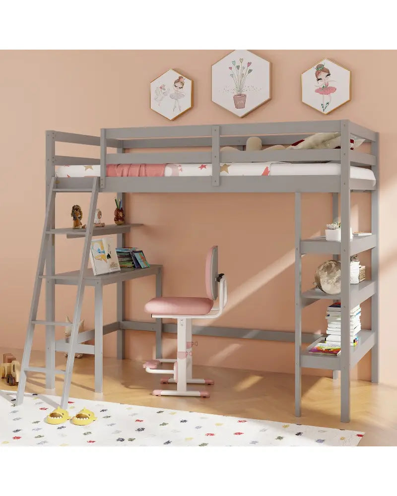 Twin Size Loft Bed with Desk and Bookshelves for Kids and Teens-Gray - Gray - Bunk Bed Frame