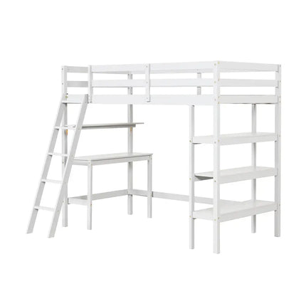 Twin Size Loft Bed with Desk and Bookshelves for Kids and Teens-White - White - Bunk Bed Frame