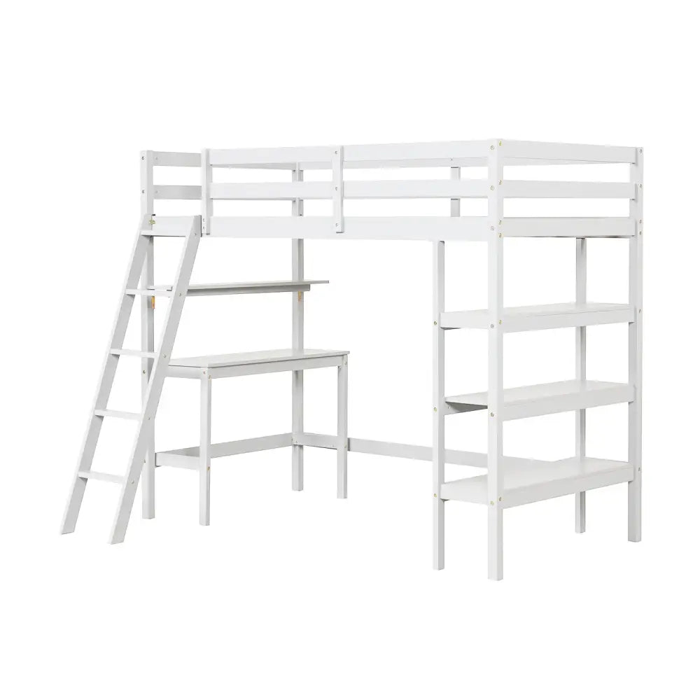 Twin Size Loft Bed with Desk and Bookshelves for Kids and Teens-White - White - Bunk Bed Frame
