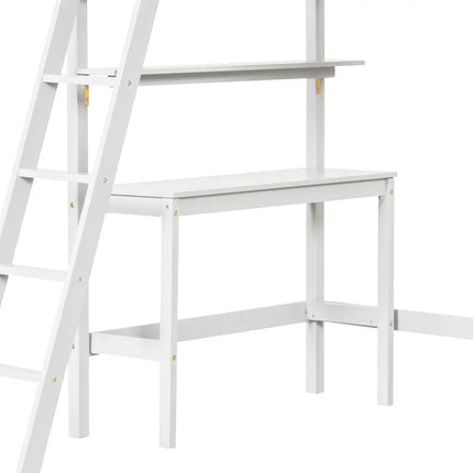 Twin Size Loft Bed with Desk and Bookshelves for Kids and Teens-White - White - Bunk Bed Frame