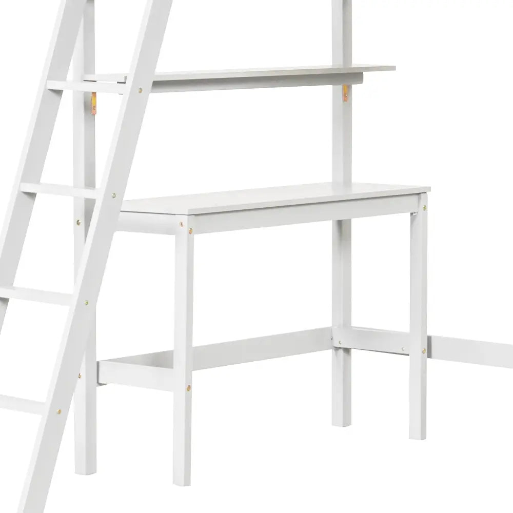 Twin Size Loft Bed with Desk and Bookshelves for Kids and Teens-White - White - Bunk Bed Frame