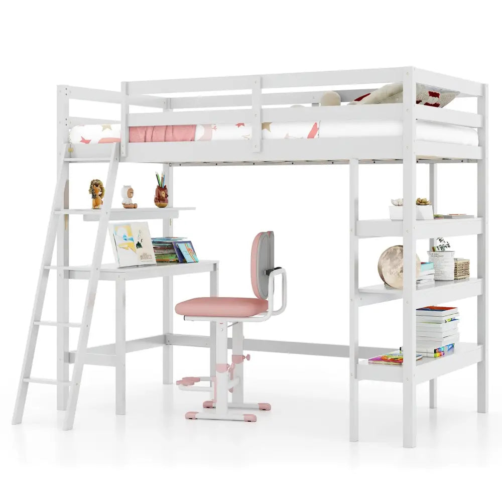 Twin Size Loft Bed with Desk and Bookshelves for Kids and Teens-White - White - Bunk Bed Frame