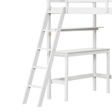 Twin Size Loft Bed with Desk and Bookshelves for Kids and Teens-White - White - Bunk Bed Frame