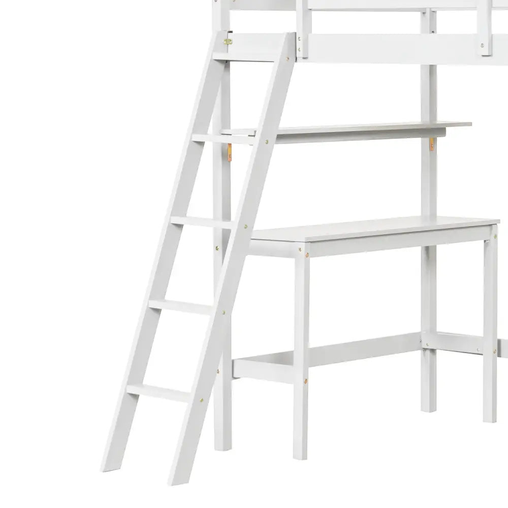 Twin Size Loft Bed with Desk and Bookshelves for Kids and Teens-White - White - Bunk Bed Frame