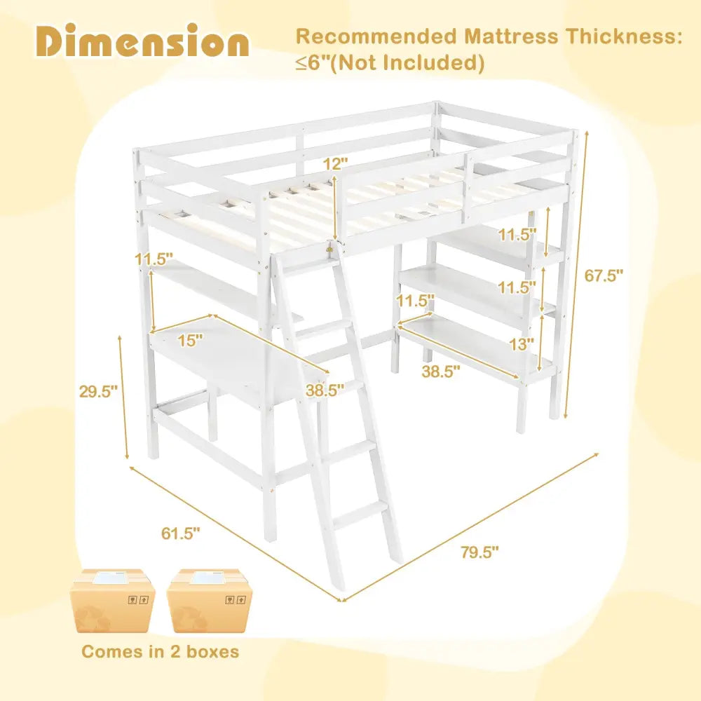 Twin Size Loft Bed with Desk and Bookshelves for Kids and Teens-White - White - Bunk Bed Frame