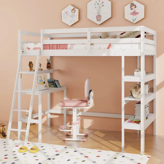Twin Size Loft Bed with Desk and Bookshelves for Kids and Teens-White - White - Bunk Bed Frame
