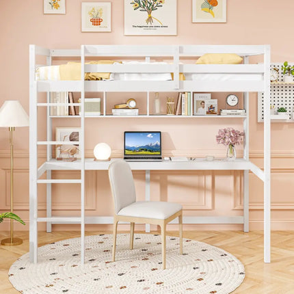 Twin Size Loft Bed with Desk and Shelves for Home Dorm Apartment No Box Spring Needed-White - White - Simple Bed Frame