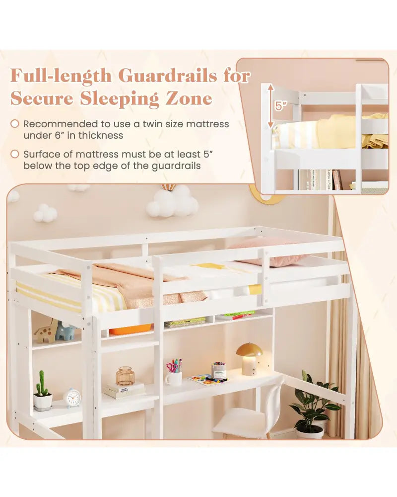 Twin Size Loft Bed with Desk and Shelves for Home Dorm Apartment No Box Spring Needed-White - White - Simple Bed Frame