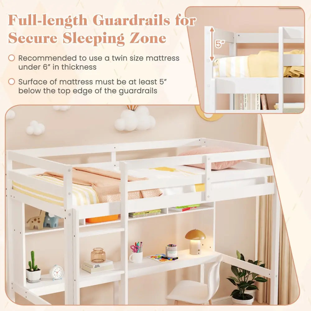 Twin Size Loft Bed with Desk and Shelves for Home Dorm Apartment No Box Spring Needed-White - White - Simple Bed Frame
