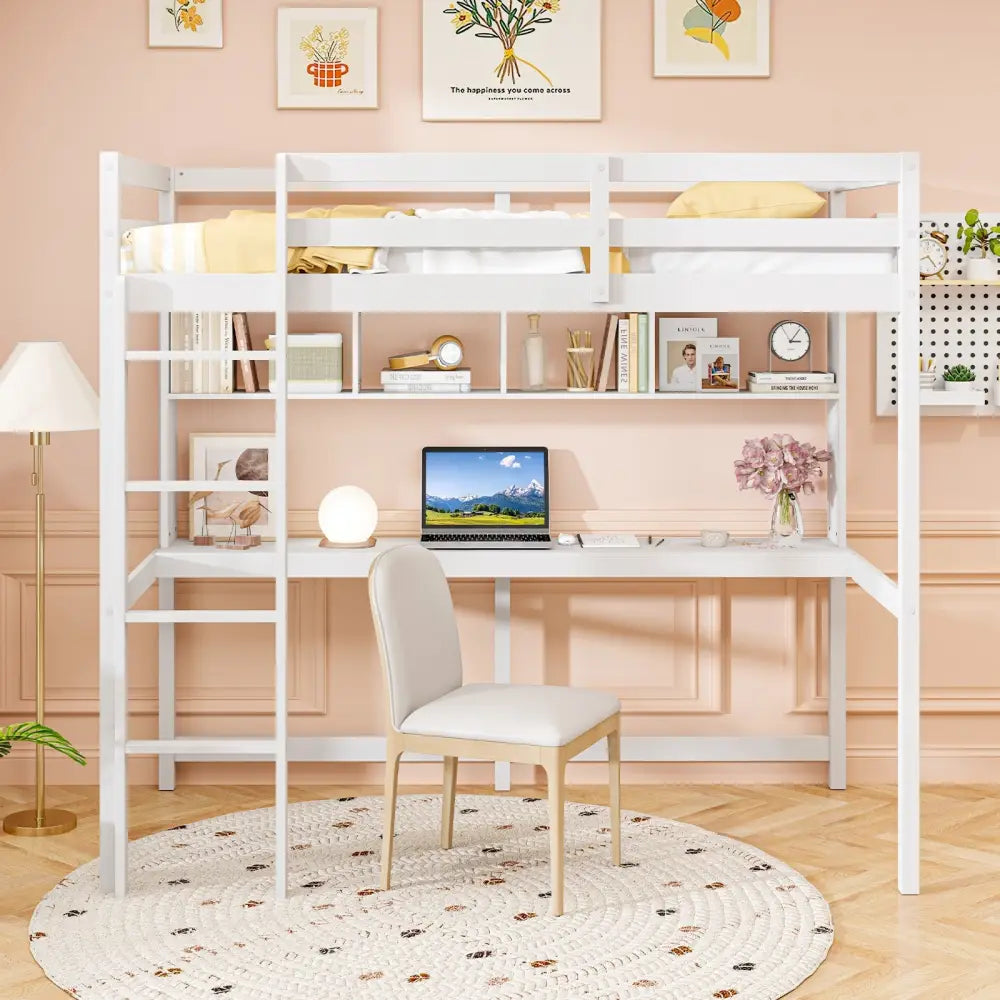 Twin Size Loft Bed with Desk and Shelves for Home Dorm Apartment No Box Spring Needed-White - White - Simple Bed Frame