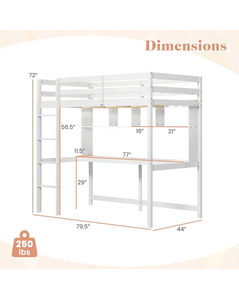 Twin Size Loft Bed with Desk and Shelves for Home Dorm Apartment No Box Spring Needed-White - White - Simple Bed Frame