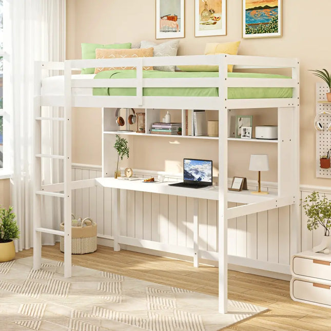 Twin Size Loft Bed with Desk and Shelves for Home Dorm Apartment No Box Spring Needed-White - White - Simple Bed Frame