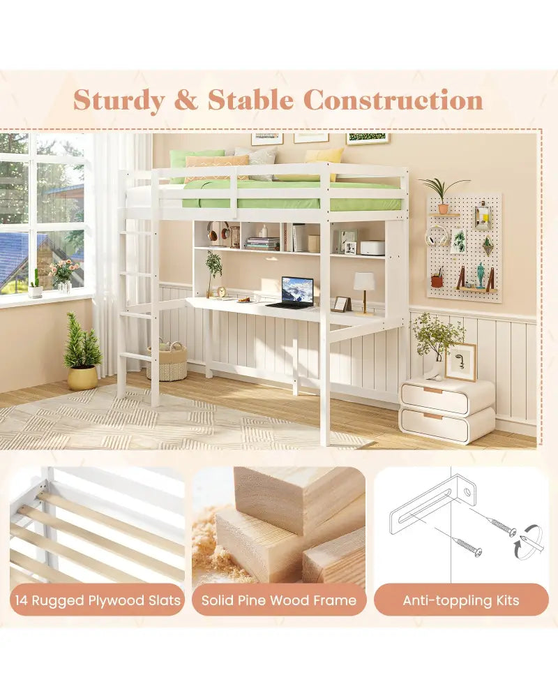 Twin Size Loft Bed with Desk and Shelves for Home Dorm Apartment No Box Spring Needed-White - White - Simple Bed Frame