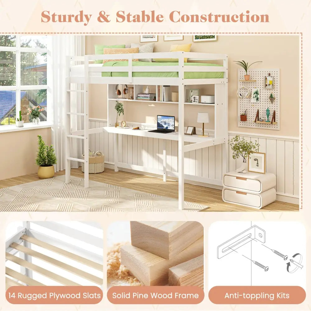 Twin Size Loft Bed with Desk and Shelves for Home Dorm Apartment No Box Spring Needed-White - White - Simple Bed Frame