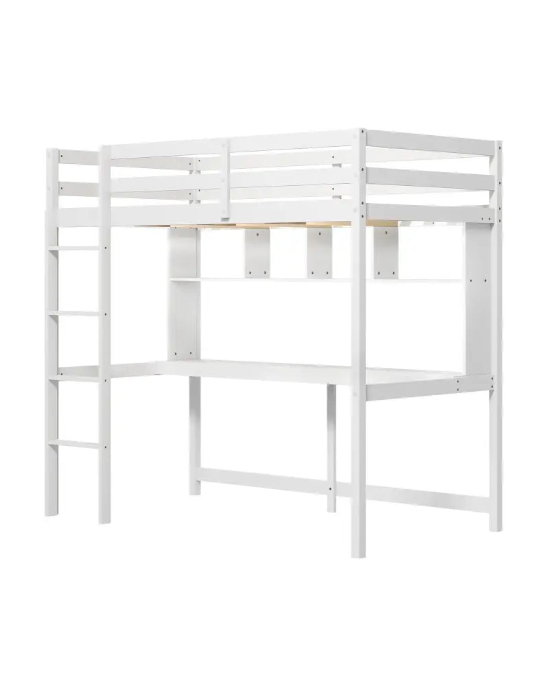 Twin Size Loft Bed with Desk and Shelves for Home Dorm Apartment No Box Spring Needed-White - White - Simple Bed Frame