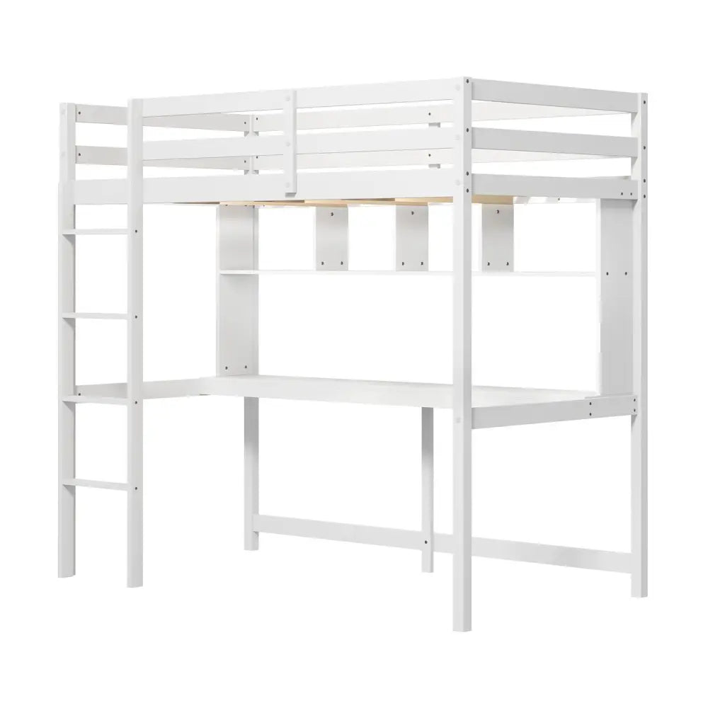 Twin Size Loft Bed with Desk and Shelves for Home Dorm Apartment No Box Spring Needed-White - White - Simple Bed Frame