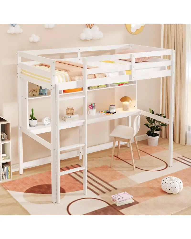 Twin Size Loft Bed with Desk and Shelves for Home Dorm Apartment No Box Spring Needed-White - White - Simple Bed Frame