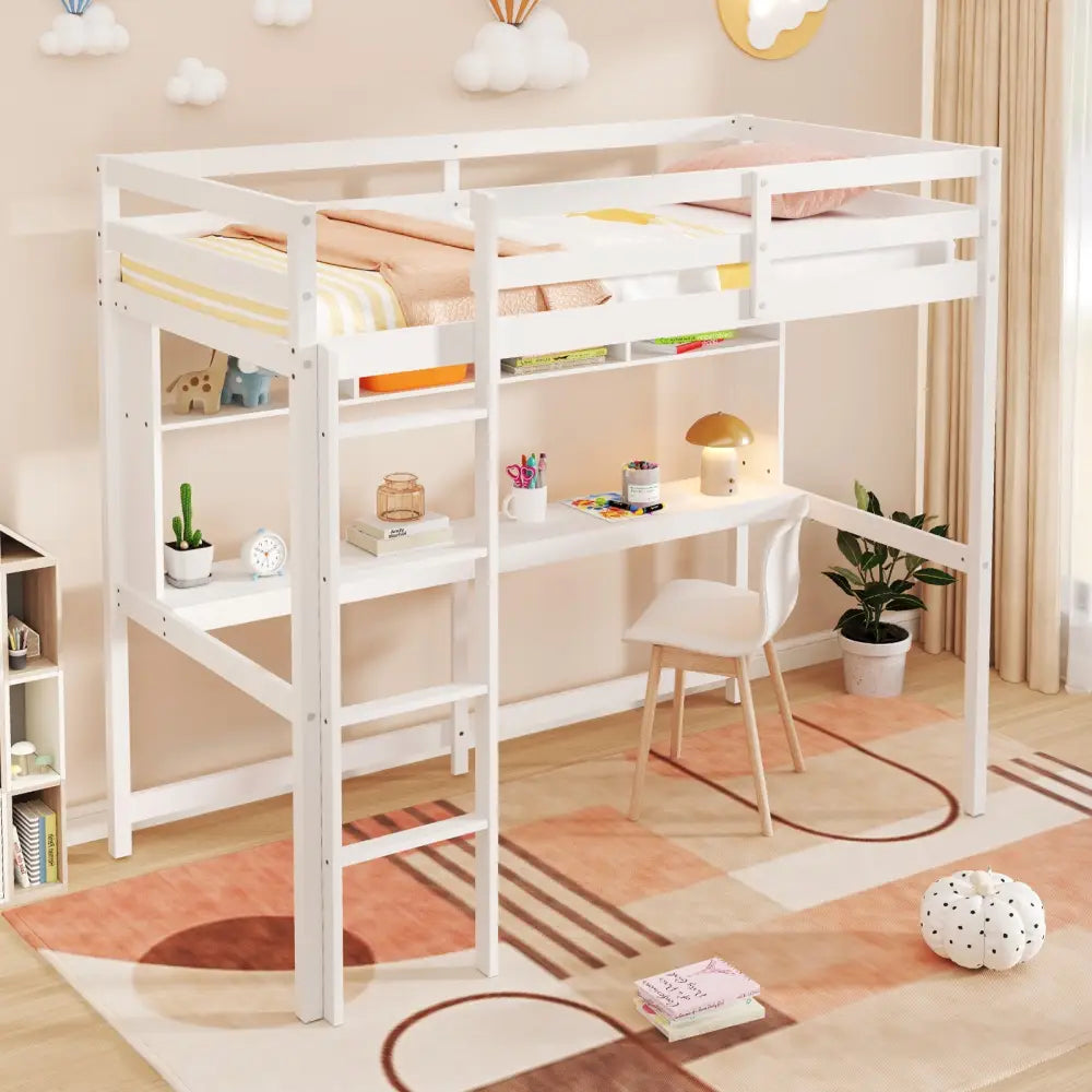 Twin Size Loft Bed with Desk and Shelves for Home Dorm Apartment No Box Spring Needed-White - White - Simple Bed Frame
