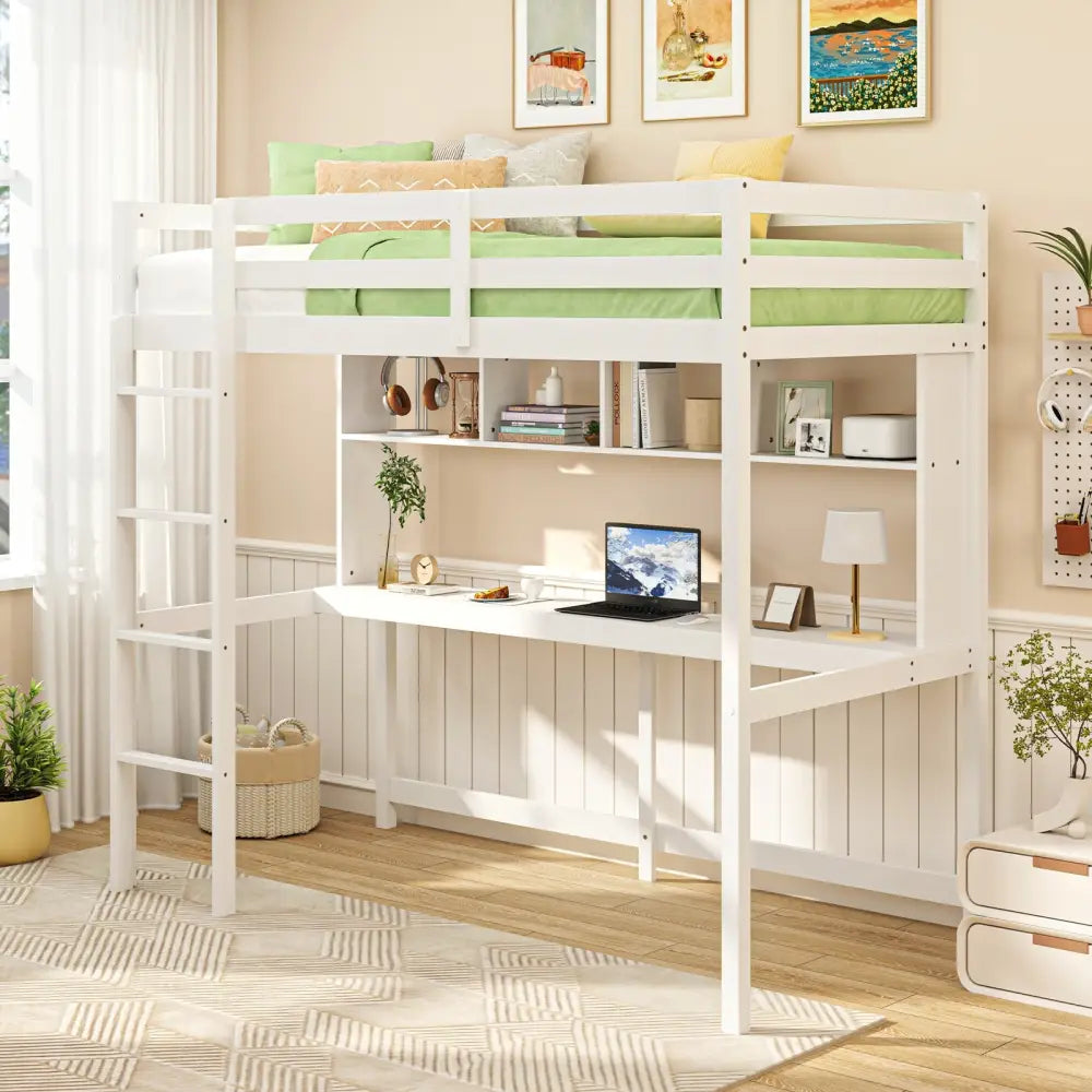 Twin Size Loft Bed with Desk and Shelves for Home Dorm Apartment No Box Spring Needed-White - White - Simple Bed Frame
