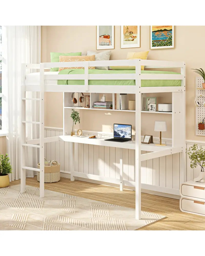 Twin Size Loft Bed with Desk and Shelves for Home Dorm Apartment No Box Spring Needed-White - White - Simple Bed Frame