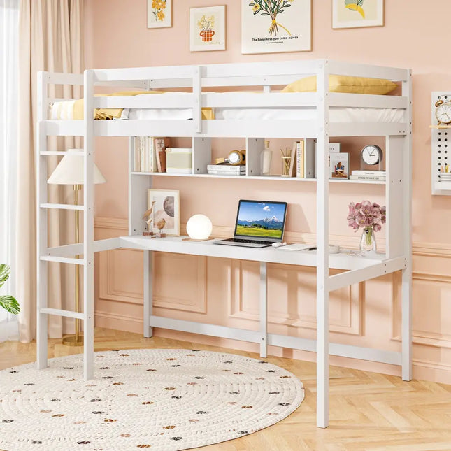Twin Size Loft Bed with Desk and Shelves for Home Dorm Apartment No Box Spring Needed-White - White - Simple Bed Frame
