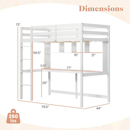 Twin Size Loft Bed with Desk and Shelves for Home Dorm Apartment No Box Spring Needed-White - White - Simple Bed Frame