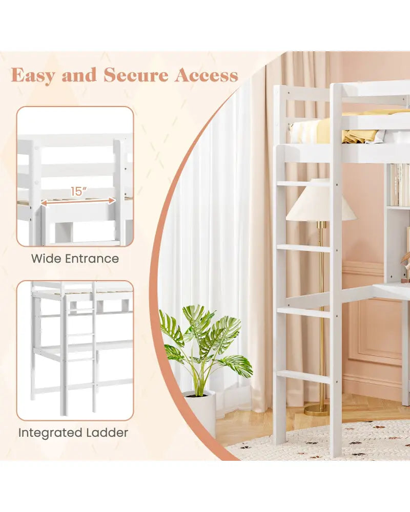 Twin Size Loft Bed with Desk and Shelves for Home Dorm Apartment No Box Spring Needed-White - White - Simple Bed Frame