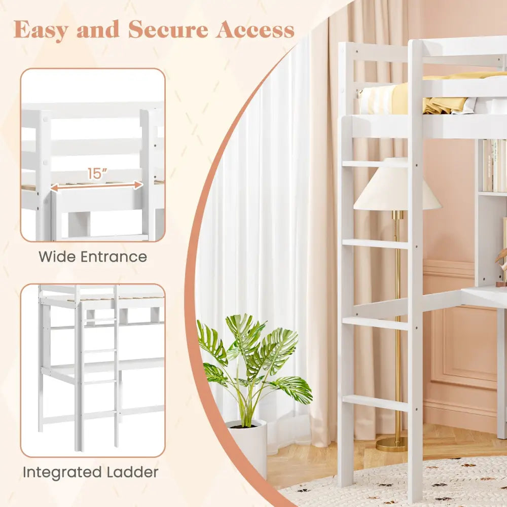 Twin Size Loft Bed with Desk and Shelves for Home Dorm Apartment No Box Spring Needed-White - White - Simple Bed Frame