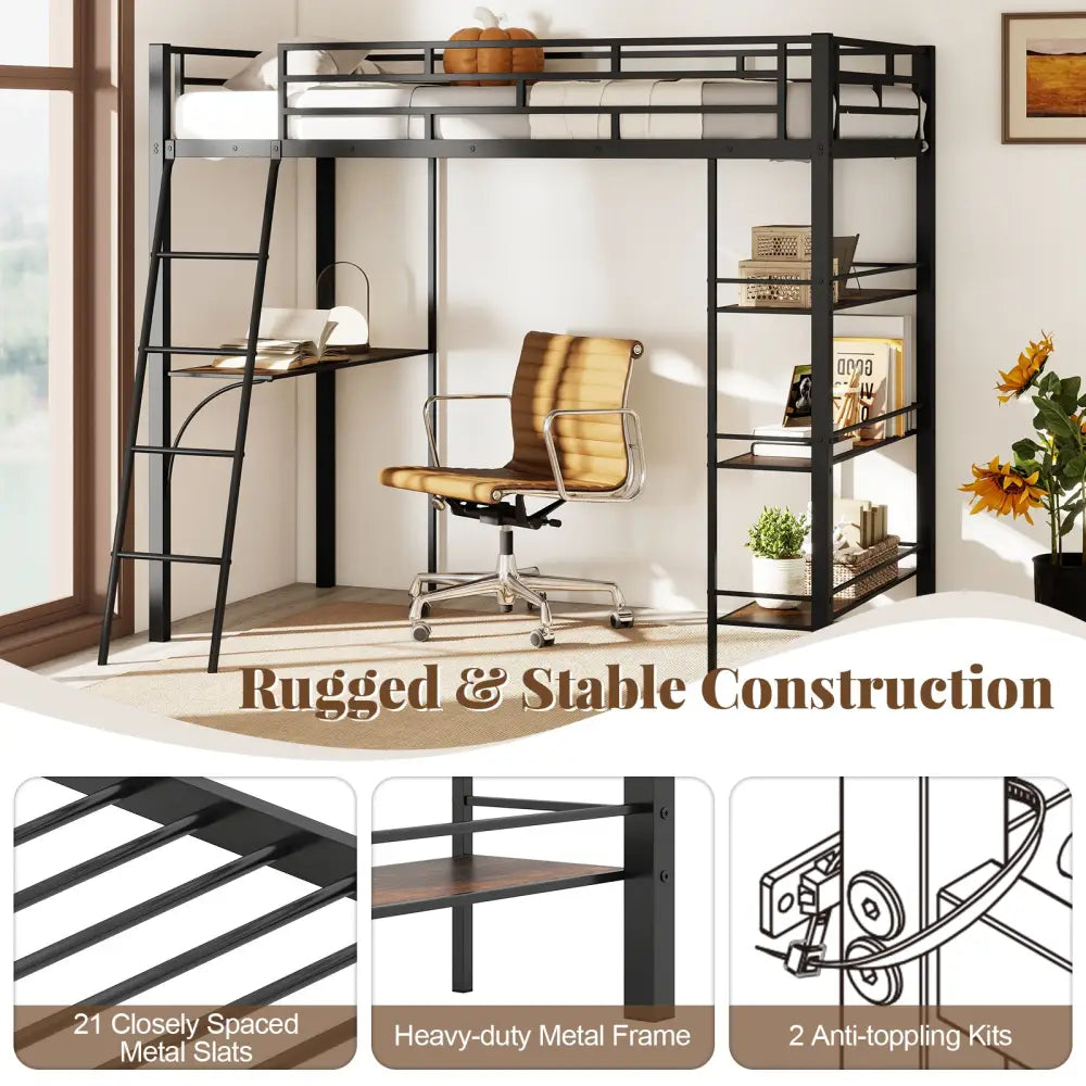 Twin Size Loft Bed with Desk and Shelves for Kids and Home-Black - Black - Bunk Bed Frame