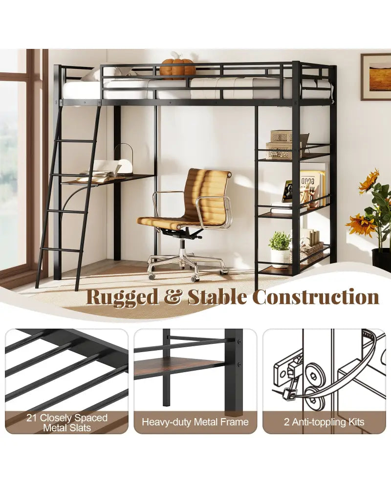 Twin Size Loft Bed with Desk and Shelves for Kids and Home-Black - Black - Bunk Bed Frame