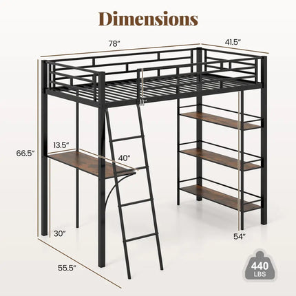 Twin Size Loft Bed with Desk and Shelves for Kids and Home-Black - Black - Bunk Bed Frame