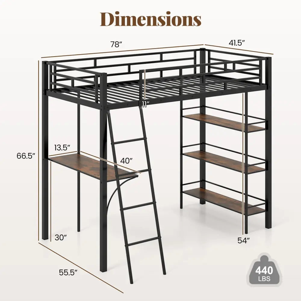 Twin Size Loft Bed with Desk and Shelves for Kids and Home-Black - Black - Bunk Bed Frame