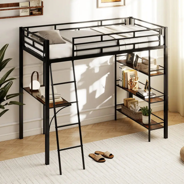 Twin Size Loft Bed with Desk and Shelves for Kids and Home-Black - Black - Bunk Bed Frame