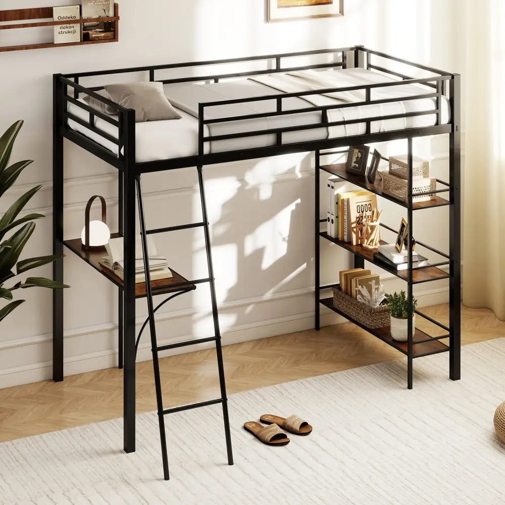 Twin Size Loft Bed with Desk and Shelves for Kids and Home-Black - Black - Bunk Bed Frame