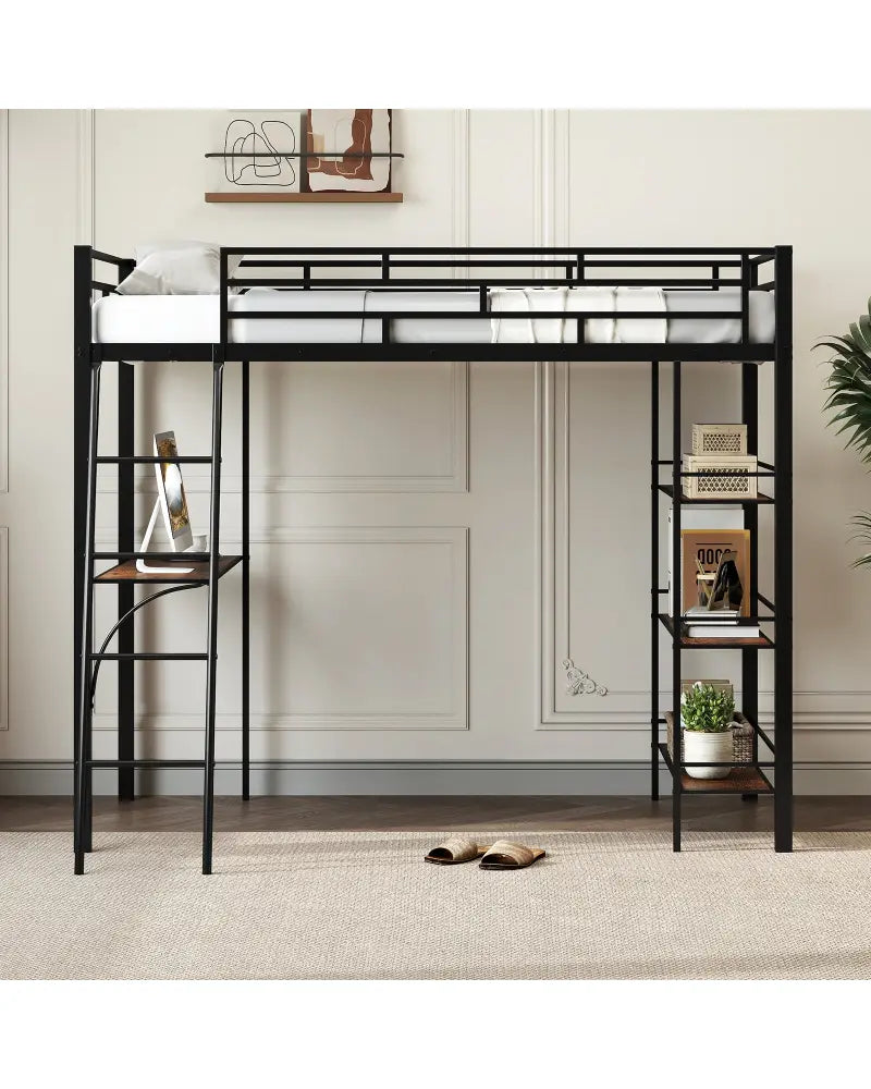 Twin Size Loft Bed with Desk and Shelves for Kids and Home-Black - Black - Bunk Bed Frame