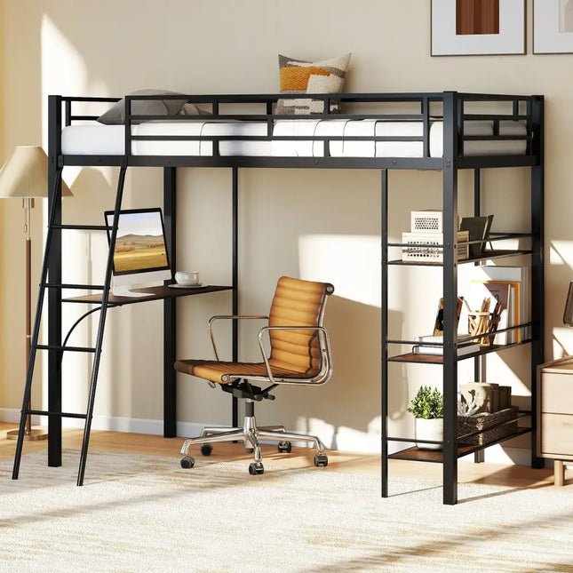 Twin Size Loft Bed with Desk and Shelves for Kids and Home-Black - Black - Bunk Bed Frame
