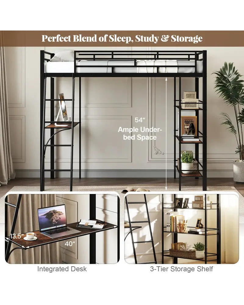 Twin Size Loft Bed with Desk and Shelves for Kids and Home-Black - Black - Bunk Bed Frame
