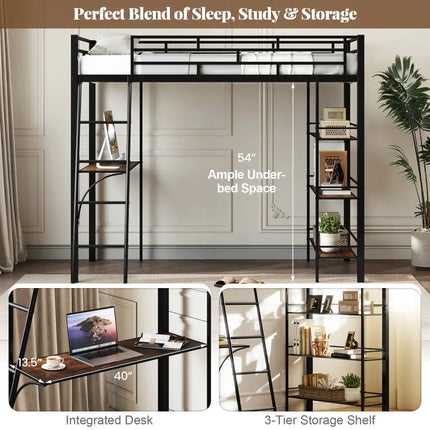 Twin Size Loft Bed with Desk and Shelves for Kids and Home-Black - Black - Bunk Bed Frame