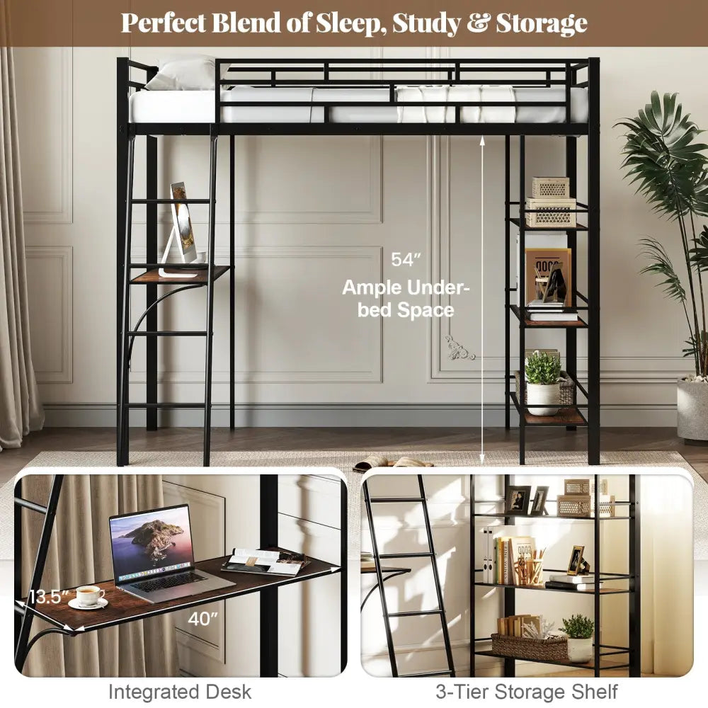 Twin Size Loft Bed with Desk and Shelves for Kids and Home-Black - Black - Bunk Bed Frame