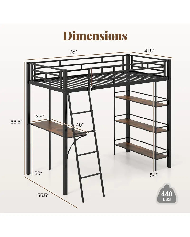 Twin Size Loft Bed with Desk and Shelves for Kids and Home-Black - Black - Bunk Bed Frame