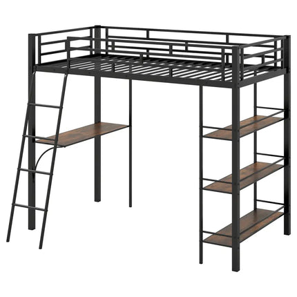 Twin Size Loft Bed with Desk and Shelves for Kids and Home-Black - Black - Bunk Bed Frame