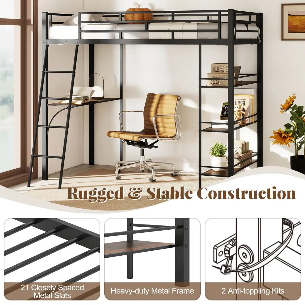 Twin Size Loft Bed with Desk and Shelves for Kids and Home-Black - Black - Bunk Bed Frame