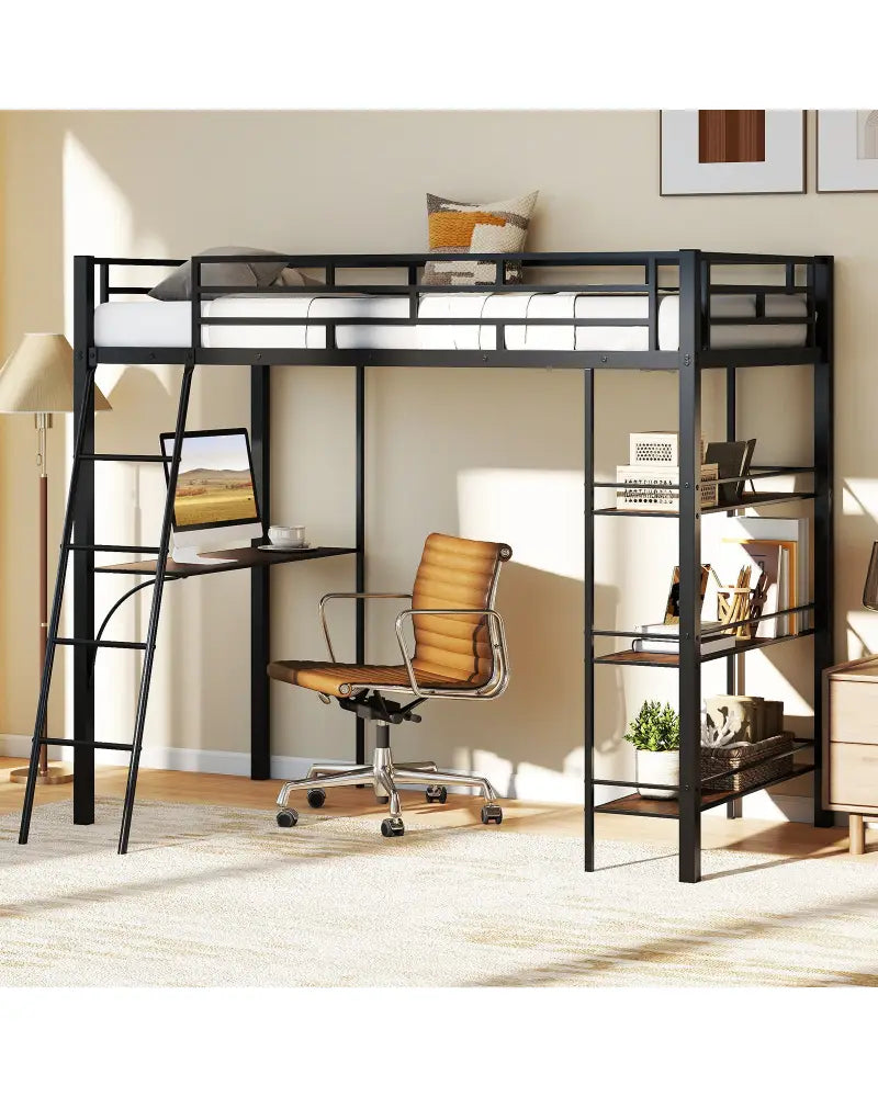Twin Size Loft Bed with Desk and Shelves for Kids and Home-Black - Black - Bunk Bed Frame