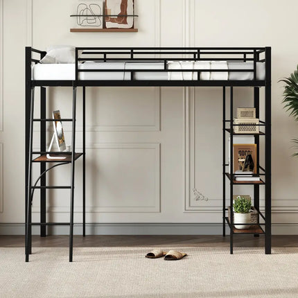 Twin Size Loft Bed with Desk and Shelves for Kids and Home-Black - Black - Bunk Bed Frame