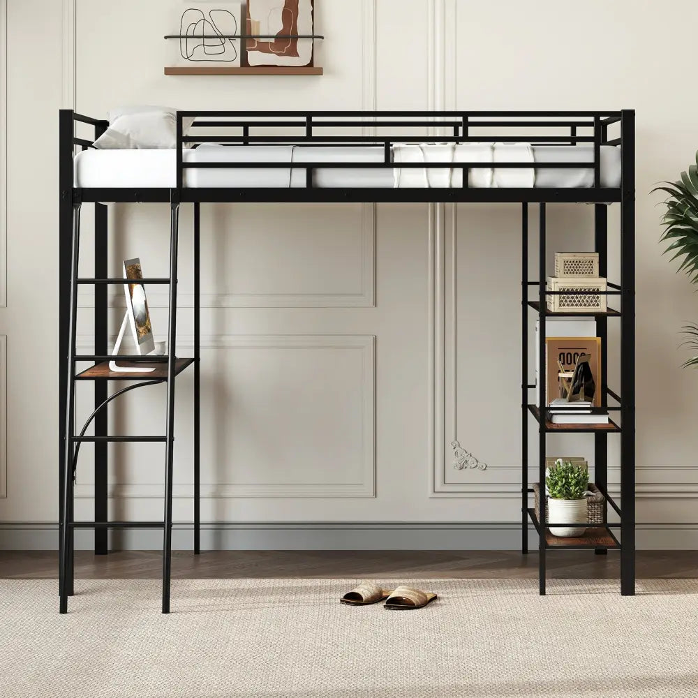 Twin Size Loft Bed with Desk and Shelves for Kids and Home-Black - Black - Bunk Bed Frame