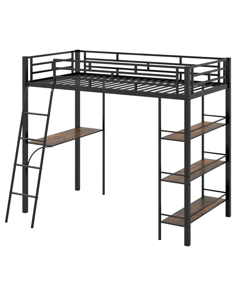 Twin Size Loft Bed with Desk and Shelves for Kids and Home-Black - Black - Bunk Bed Frame