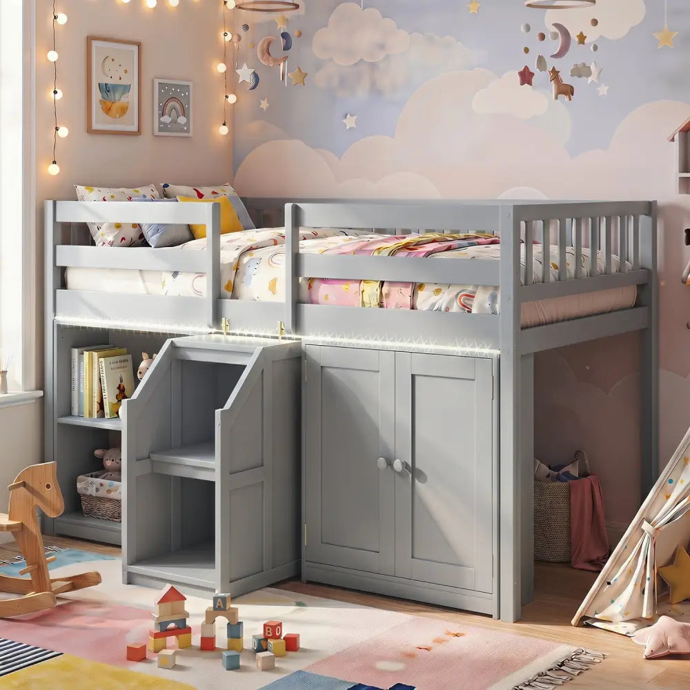 Twin Size Loft Bed with LED Lights and Kids Wooden Bed Frame-Gray - Gray - Bunk Bed Frame