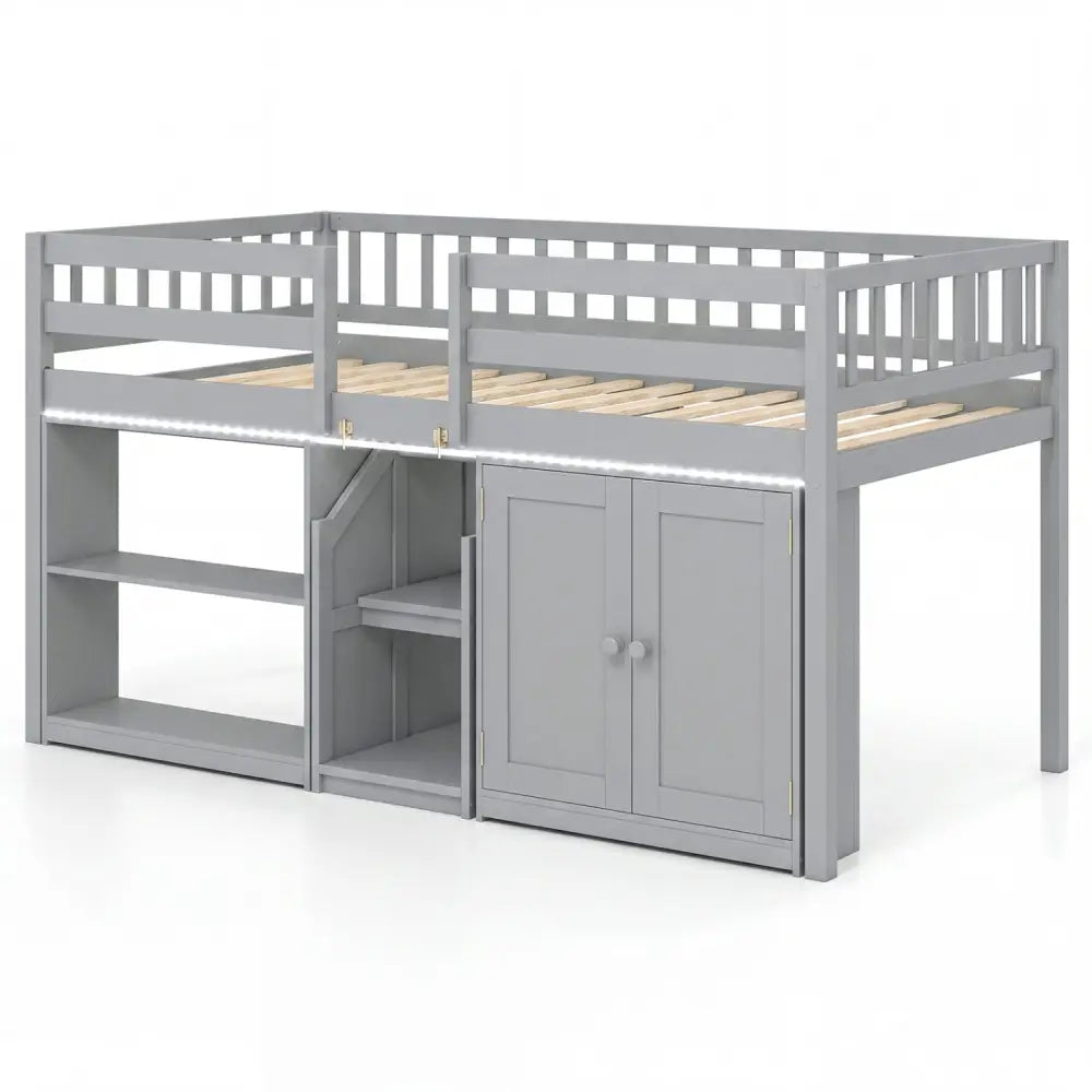 Twin Size Loft Bed with LED Lights and Kids Wooden Bed Frame-Gray - Gray - Bunk Bed Frame