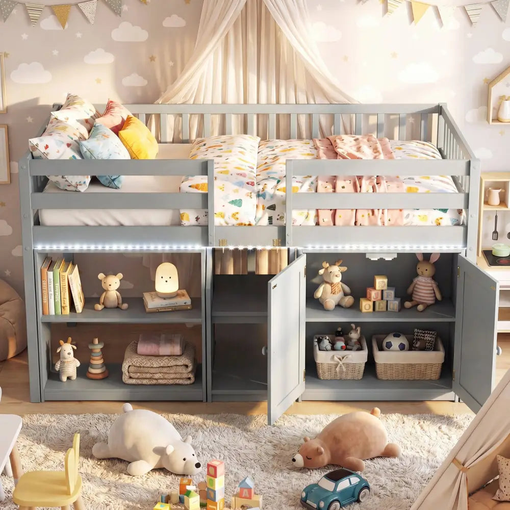Twin Size Loft Bed with LED Lights and Kids Wooden Bed Frame-Gray - Gray - Bunk Bed Frame